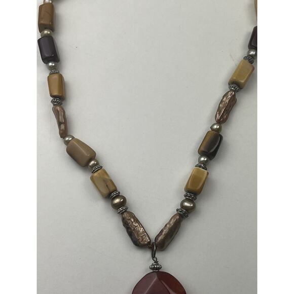 Sterling Silver Real Pearl Ceramic & Stone Necklace Toggle Clasp 16" Fall Colors - Picture 5 of 12